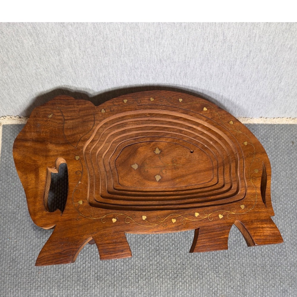 VTG Kenya Wooden Elephant Collapsible Basket Brass Inlay Hand Carved TrinketBowl